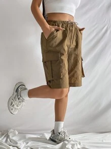 Muchica 側翻蓋口袋腰部抽繩工裝短褲 - 棕色 - 查看 6