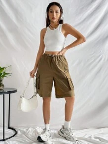 Muchica 側翻蓋口袋腰部抽繩工裝短褲 - 棕色 - 查看 7