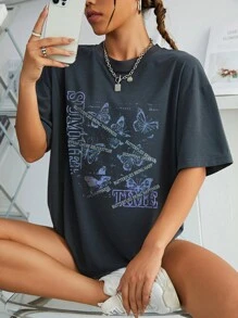 INAWLY Koszulka z nadrukiem motyla i sloganu z opadającymi ramionami MOTYLE PRZYNOSZĄ SZCZĘŚCIE Koszulki z grafiką Damskie topy - Ciemnoszary - Zobacz 1