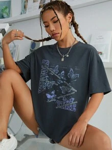 INAWLY Koszulka z nadrukiem motyla i sloganu z opadającymi ramionami MOTYLE PRZYNOSZĄ SZCZĘŚCIE Koszulki z grafiką Damskie topy - Ciemnoszary - Zobacz 4