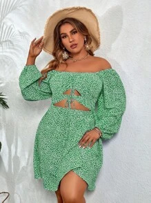 SHEIN Clasi 大碼碎花一字肩鏤空前抽繩燈籠袖洋裝 - 綠色 - 查看 1