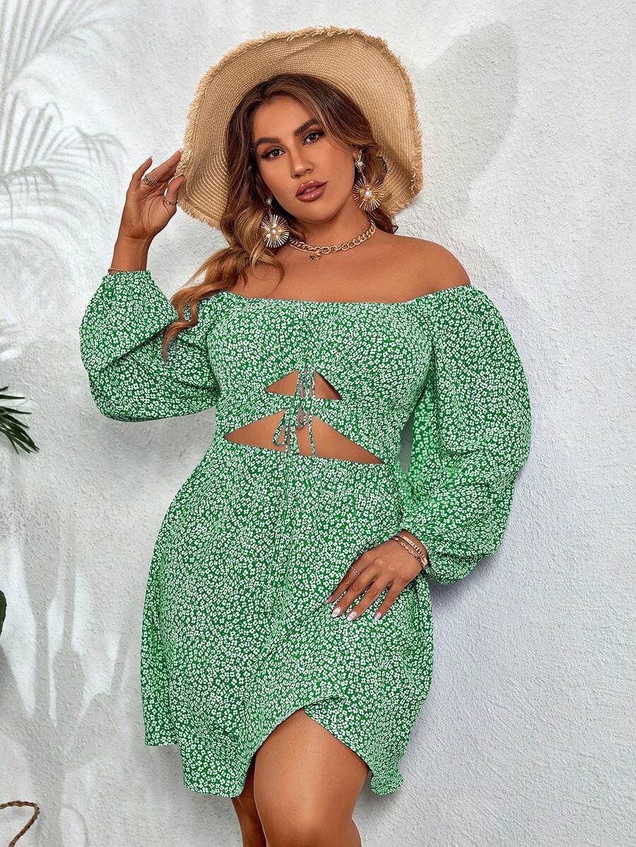 SHEIN Clasi 大碼碎花一字肩鏤空前抽繩燈籠袖洋裝 - 綠色 - 查看 1