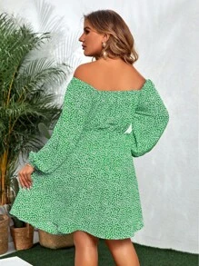 SHEIN Clasi 大碼碎花一字肩鏤空前抽繩燈籠袖洋裝 - 綠色 - 查看 2