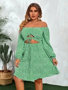 SHEIN Clasi 大碼碎花一字肩鏤空前抽繩燈籠袖洋裝 - 綠色 - 查看 4
