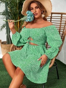 SHEIN Clasi 大碼碎花一字肩鏤空前抽繩燈籠袖洋裝 - 綠色 - 查看 6