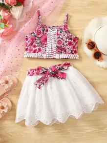 SHEIN 小女童印花吊帶上衣&腰帶網眼刺繡半身裙 - 彩色 - 查看 1