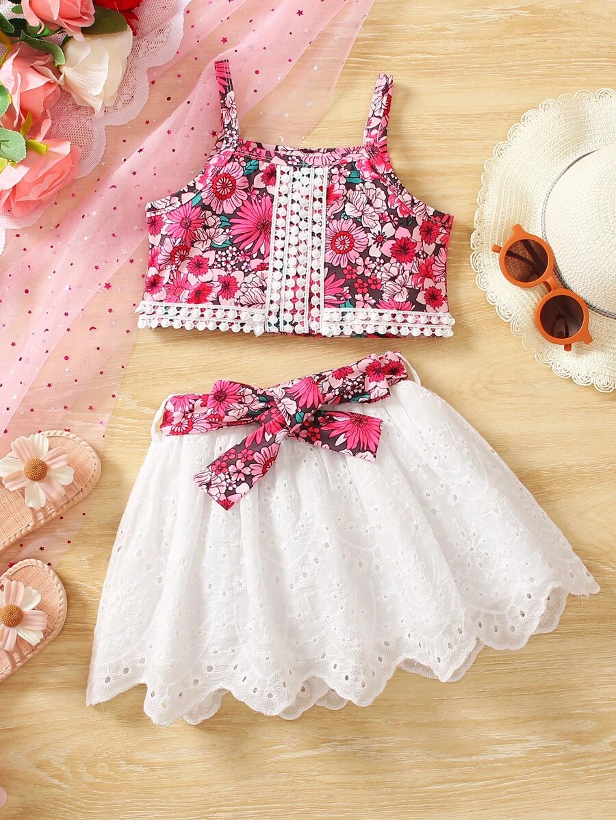 SHEIN 小女童印花吊帶上衣&腰帶網眼刺繡半身裙 - 彩色 - 查看 1