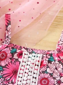 SHEIN 小女童印花吊帶上衣&腰帶網眼刺繡半身裙 - 彩色 - 查看 4