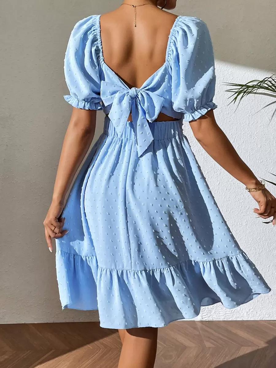 Breezaya 圓點後背繫帶荷葉邊連衣裙 - 藍色 - 查看 1