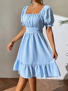 Breezaya 圓點後背繫帶荷葉邊連衣裙 - 藍色 - 查看 2