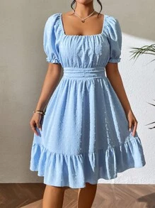 Breezaya 圓點後背繫帶荷葉邊連衣裙 - 藍色 - 查看 3