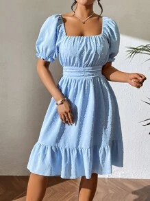 Breezaya 圓點後背繫帶荷葉邊連衣裙 - 藍色 - 查看 4