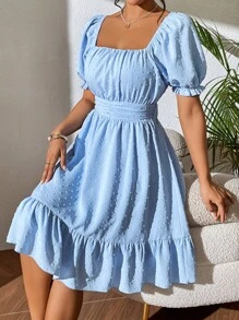 Breezaya 圓點後背繫帶荷葉邊連衣裙 - 藍色 - 查看 6