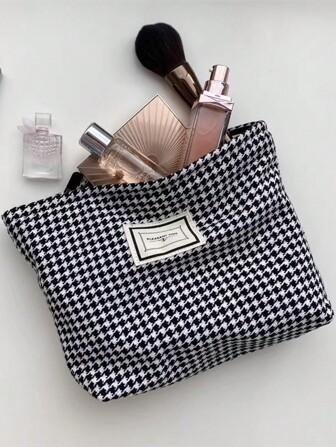 1个黑白千鸟格纹手提大容量防水旅行便携经典八角形化妆包，女士女孩收纳化妆品整理盒，化妆箱，女士礼物，圣诞礼物，女士礼品创意