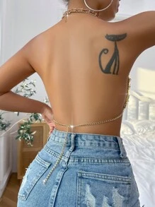 Allurite Heart Shape Sequin Decor Chain Linked Backless Metallic Crop Halter Top - Gold - View 2