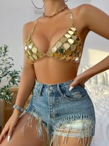 Allurite Heart Shape Sequin Decor Chain Linked Backless Metallic Crop Halter Top - Gold - View 5