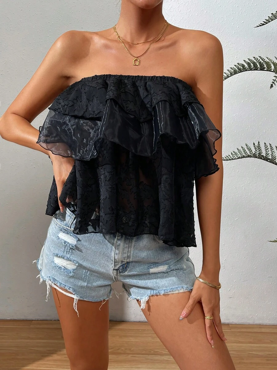 SHEIN VCAY Áo nữ Xù phân lớp Ruffle phóng đại màu trơn Giải trí - màu đen - Xem 1