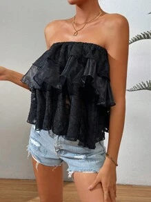 SHEIN VCAY Áo nữ Xù phân lớp Ruffle phóng đại màu trơn Giải trí - màu đen - Xem 3