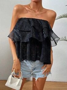 SHEIN VCAY Áo nữ Xù phân lớp Ruffle phóng đại màu trơn Giải trí - màu đen - Xem 4