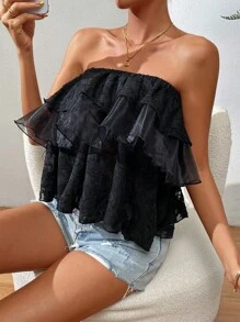 SHEIN VCAY Áo nữ Xù phân lớp Ruffle phóng đại màu trơn Giải trí - màu đen - Xem 5