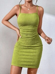 SHEIN Privé Robe Moulante À Fines Brides Unicolore À Ruché - Vert acidulé - Voir 3