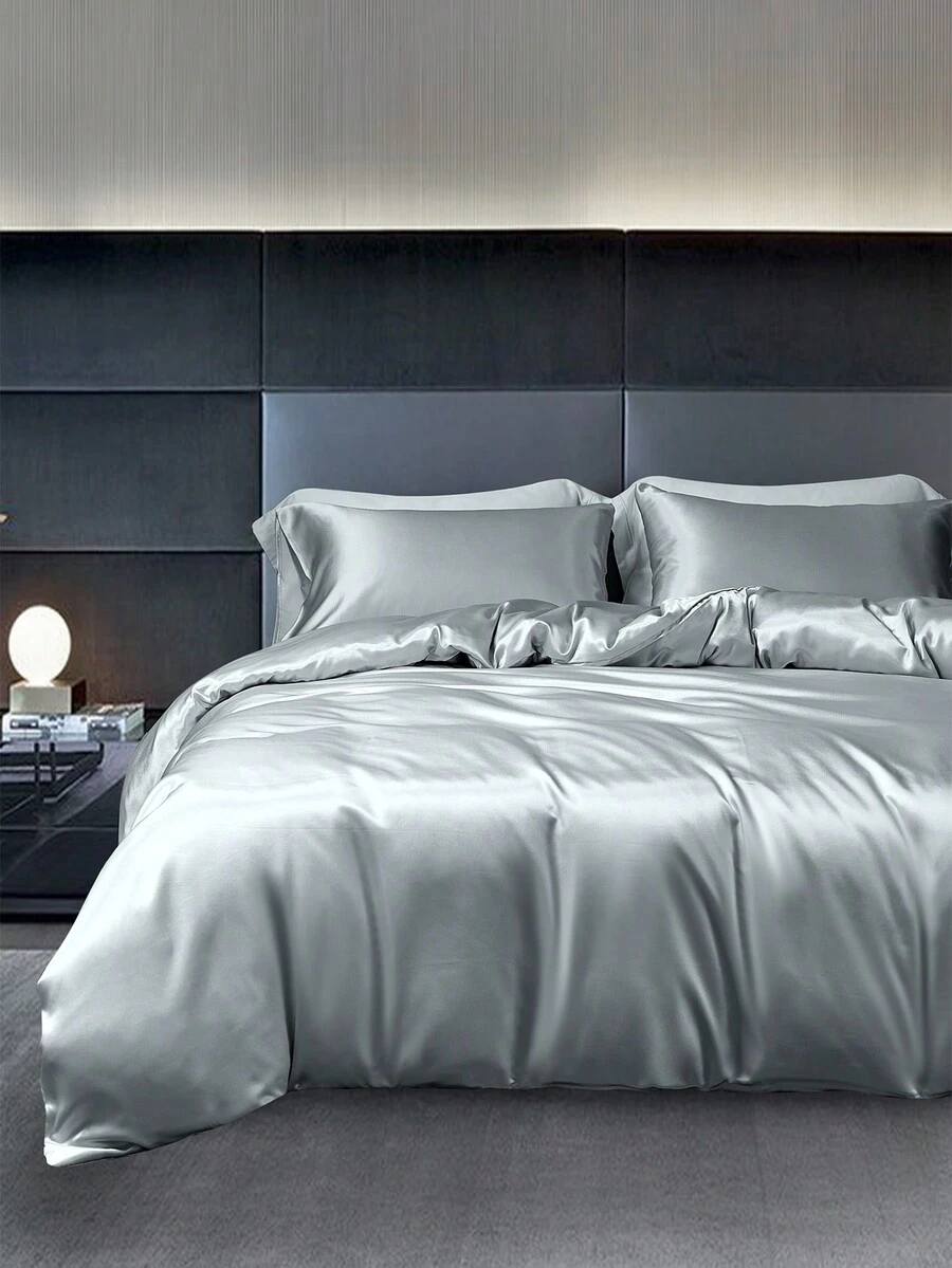 Bộ 3 Vỏ Chăn Satin Màu Trơn (1 Vỏ Chăn + 2 Vỏ Gối), Bộ Chăn Ga Gối Satin Satin Mịn, Thiết Kế Sang Trọng & Đơn Giản, Thích Hợp Cho Mùa Hè Và Tất Cả Các Mùa - Màu Xám nhạt - Xem 1