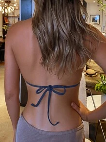 Swim SXY Summer Beach Solid Halter Triangle Bikini Top - Navy Blue - View 2