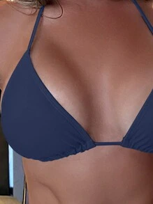 Swim SXY Summer Beach Solid Halter Triangle Bikini Top - Navy Blue - View 3