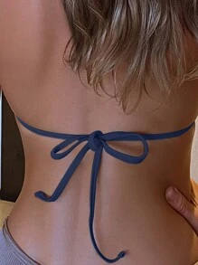 Swim SXY Summer Beach Solid Halter Triangle Bikini Top - Navy Blue - View 4