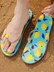 Women Lemon Decor Toe Post Flip-Flops, Fashionable Outdoor Slippers - Blue - View 1