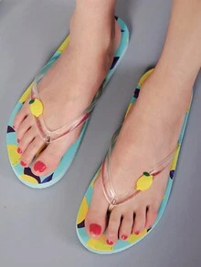 Women Lemon Decor Toe Post Flip-Flops, Fashionable Outdoor Slippers - Blue - View 2