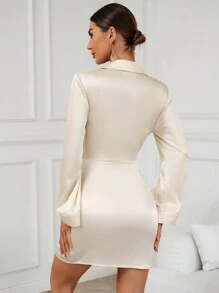 GENKIRA Đầm Nút phía trước màu trơn Thanh lịch - Màu be - Xem 2