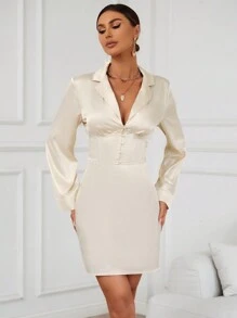 GENKIRA Đầm Nút phía trước màu trơn Thanh lịch - Màu be - Xem 3