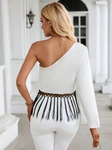 SHEIN Clasi Floral Print One Shoulder Fringe Hem Blouse - White - View 2