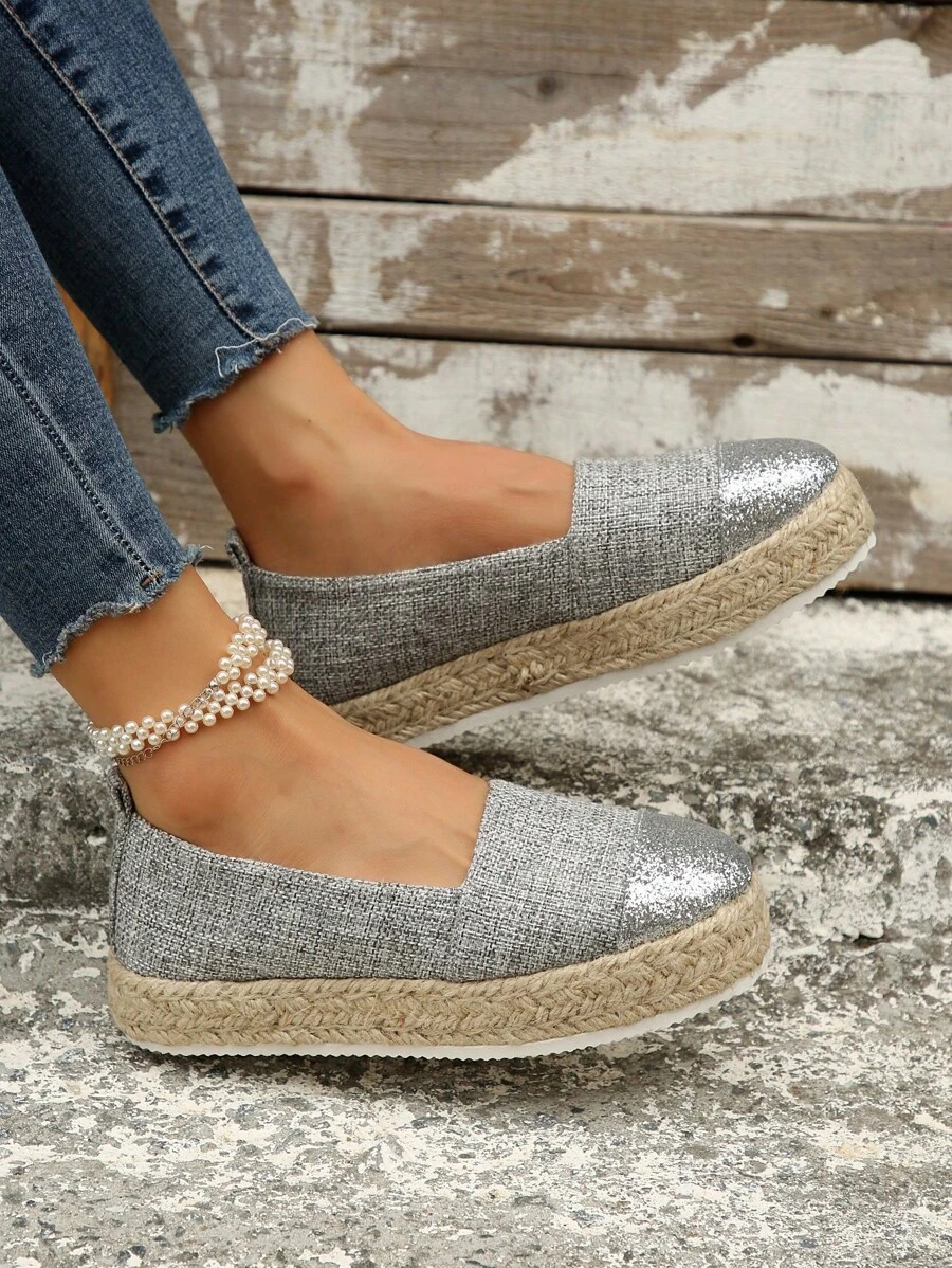 Women Lightweight Espadrille Wedge Shoes, Vacation Grey Linen Court Wedges - Grey - View 1