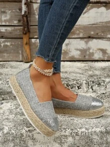 Women Lightweight Espadrille Wedge Shoes, Vacation Grey Linen Court Wedges - Grey - View 2