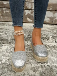 Women Lightweight Espadrille Wedge Shoes, Vacation Grey Linen Court Wedges - Grey - View 6