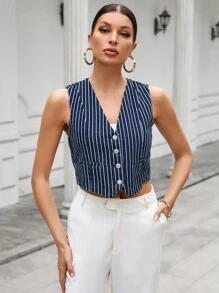 Aveloria 條紋印花前紐扣馬甲西裝外套不帶襯衫