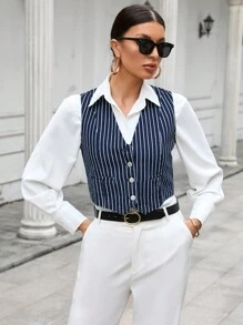 Aveloria 條紋印花前紐扣馬甲西裝外套不帶襯衫