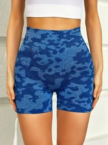 Yoga Trendy Camo Print Wideband Waist Sports Shorts Sweater Shorts - Blue - View 3