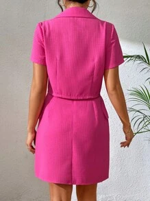 SHEIN Privé Lapel Neck Crop Blazer & Button Detail Wrap Skirt - Hot Pink - View 2