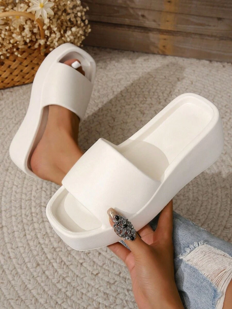 女士極簡單帶坡跟拖鞋,時尚夏天拖鞋 - 白色 - 查看 1