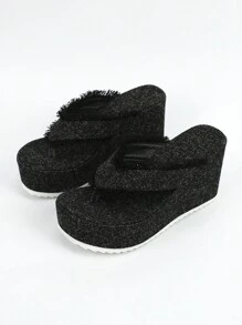 女士毛邊緣夾腳設計坡跟涼鞋,時尚黑色帆布坡跟涼鞋適合夏天 - 黑色 - 查看 3