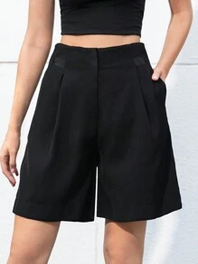 SHEIN BIZwear 素色斜口袋褶皺細節短褲工作服