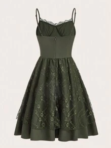 ROMWE Fairycore Contrast Lace Cami Dress - Dark Green - View 2