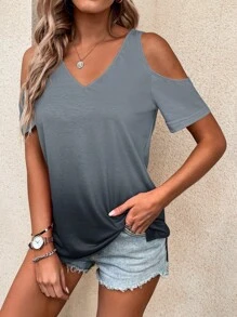 EMERY ROSE Ombre Cold Shoulder Tee Graphic Tees Women Tops - Grey - View 3