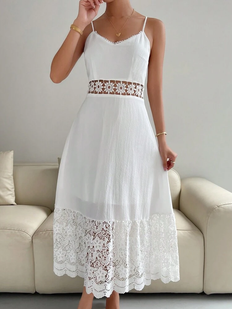 SHEIN Privé Robe À Fines Brides En Dentelle Festonné - Blanc - Voir 3