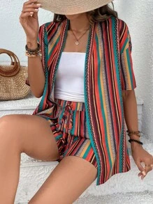 SHEIN VCAY Striped Print Drop Shoulder Kimono & Tie Front Shorts - Multicolor - View 1