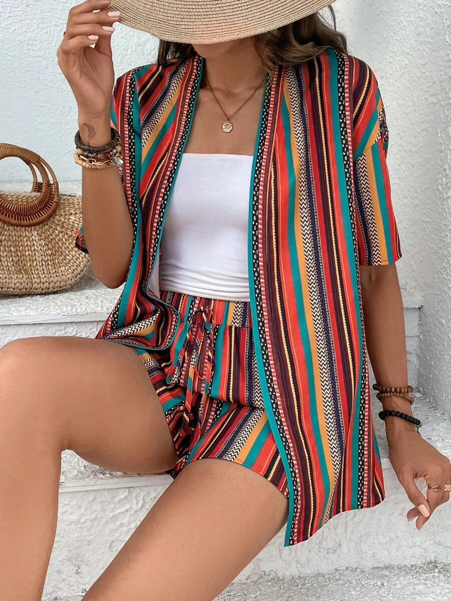 SHEIN VCAY Striped Print Drop Shoulder Kimono & Tie Front Shorts - Multicolor - View 1
