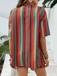 SHEIN VCAY Striped Print Drop Shoulder Kimono & Tie Front Shorts - Multicolor - View 2